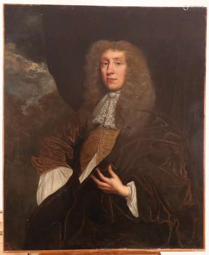 Circle of John GreenhillPortrait of a gentleman, half length in wig and brown cloak, previously