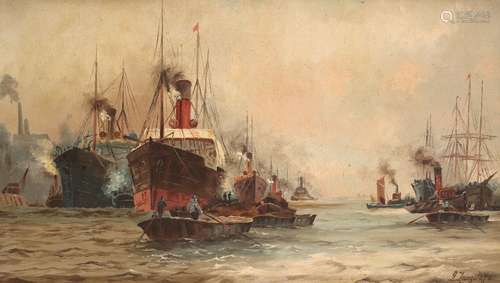 John Langstaffe (1849-1912)Shipping on the ThamesSignedOil on canvas30.5 x 50.5cm; 12 x 20in++