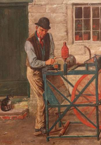 John Templeton Lucas (1836-1880)The knife grinder at his wheel watched by his catSigned and dated