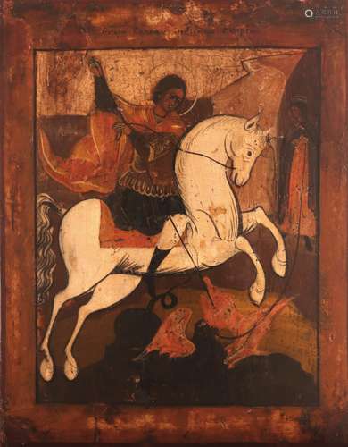 Russian School late 19th Century Icon of the archangel St. Michael, on a winged red charger, holding