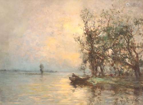 George Boyle (1842-1930)Figure in a boat and cattle watering by moonlightSignedOil on canvas46.5 x