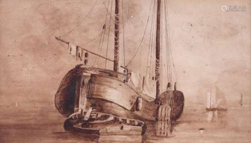 Samuel Prout (1783-1852)Study of a boat at low tideSigned with initialsSepia watercolour14 x 24cm;