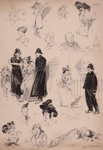 G. Montbard (French 19/20th Century)Street tales and small figure studiesFour pen and ink and one