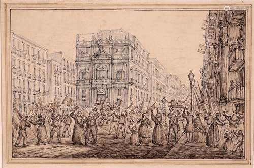 Antonio Senape (Italian 1788-1850)L'Entrata di Garibaldi, NapoliPen and ink on buff paper13 x 20.