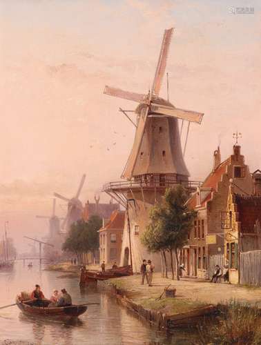 Cornelis Christian Dommelshuizen (Dutch 1842-1928)Windmills on a canalSigned C. Dommersen and