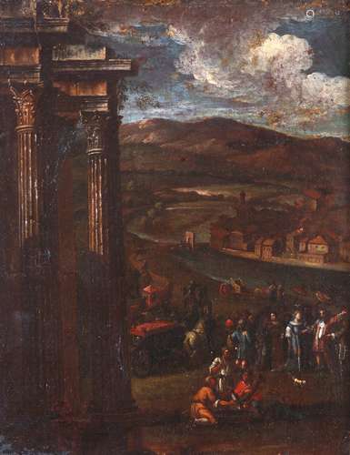 Italian School 18th CenturyFigures in a classical landscape Oil on canvas46 x 36cm; 18 x 14in