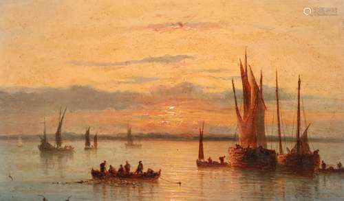 Henriette Herminie Gudin (French 1825-1876)Fishermen and boats on a calm sea at sunsetOil on