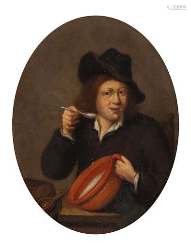 Attributed to Jan Steen (Dutch 1626-1679)A man eating porridge from a handled bowlSigned and dated