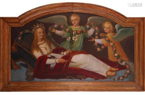 English School late 19th CenturySaint Ursula with angelsOil on canvas in an arched frame87 x