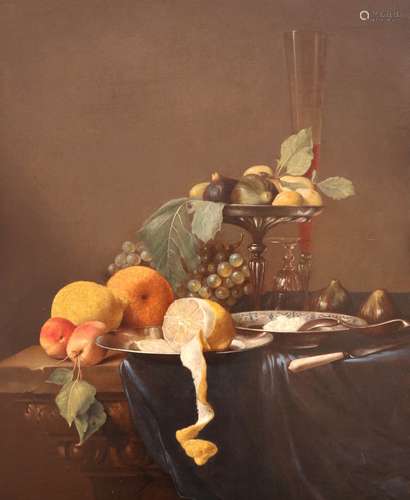 Dutch School 17th/18th CenturyStill life of figs, lemons, oranges, peaches and grapes on a table