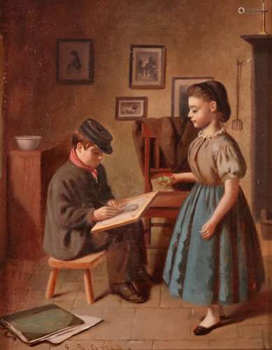 E. S. Greig (fl. 1866-1868)Young artist sketching his sisterSignedOil on canvas25.5 x 20.25cm; 10