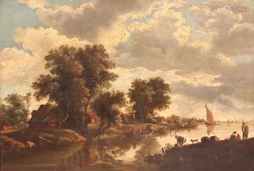 Dutch School 18th CenturyFigures fishing and boating in a river landscape Oil on panel33 x 44.5cm;