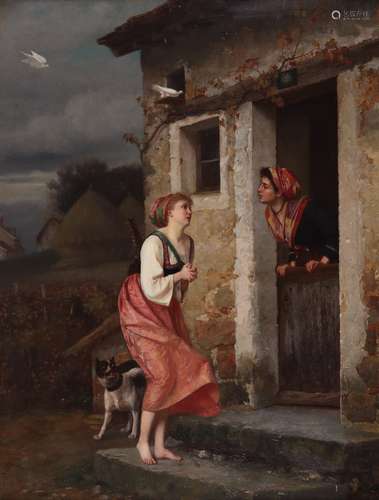 Emile Pierre Metzmacher (French 1815-1890)A country player seeking shelter Signed and dated 1871 Oil