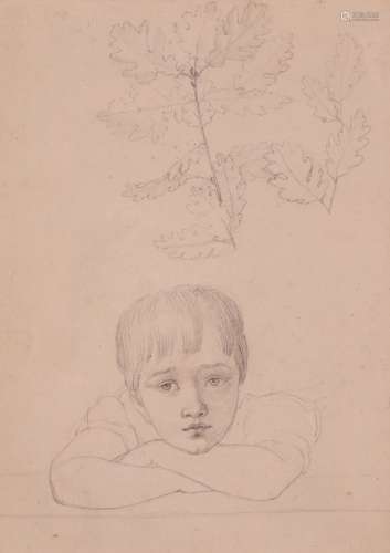 Peter Rittig (German 1789-1840)Portrait of a pensive boy with a study of a branch of an oak