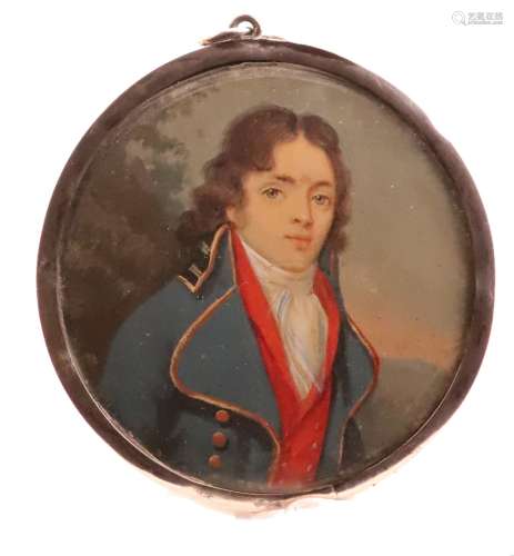 λ English School 19th CenturyPortrait miniature of a young man, half length, wearing a blue coat and