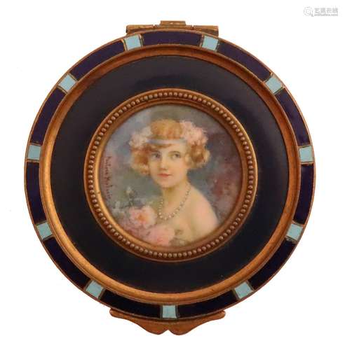 λ Continental School c. 1900Portrait miniature of a lady, bust length, holding rosesSigned/inscribed