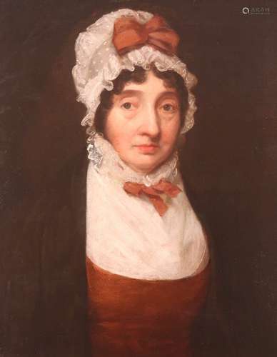 Circle of Sir Thomas Lawrence Portrait of a lady, half length, with a white bonnet and russet bowOil