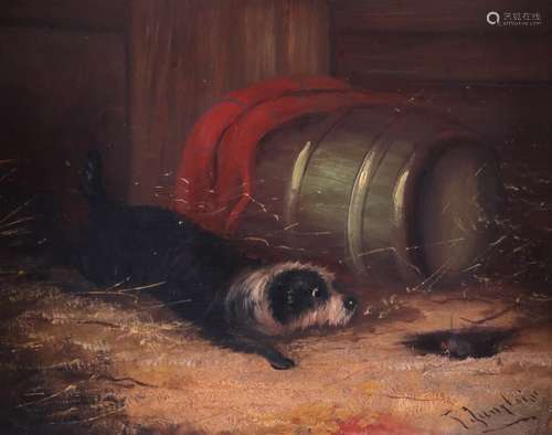 J. Langlois (1855-1904)A terrier ratting in a barnSignedOil on board20.5 x 25.5cm; 8 x 10in++A