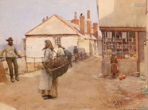 Walter Langley (1852-1922)Figures in a Cornish villageSignedWatercolour29 x 38cm; 11½ x