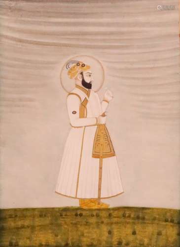 λ Indian School 18/19th CenturyThe Emperor Farrukh-Siyar standing in a field holding a small white