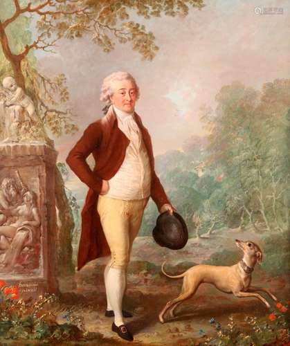 Johann Ernst Heinsius (German 1740-1812)Portrait of a Gentleman in a park with his dog beside