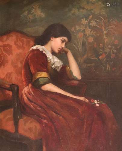 English School late 19th CenturyPortrait of a young lady, three quarter length, seated, holding a