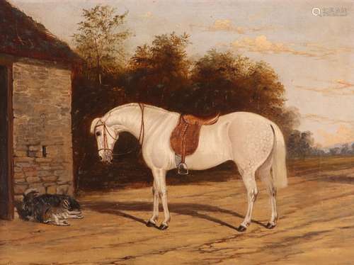 B. Deyrell (act. c.1853-1858)Study of a horse by a stable with goatsSigned and dated 1858Oil on