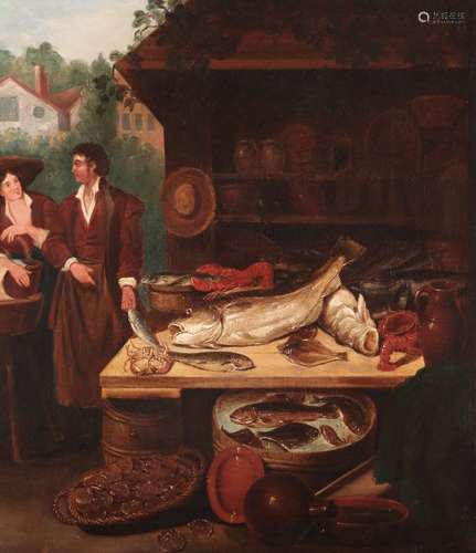 English School 19th CenturyThe Fishmonger's StallOil on canvas53 x 47cm; 21 x 18½in