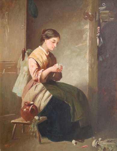 English School 19/20th CenturyA lady seated in an interior preparing vegetablesOil on board39.5 x