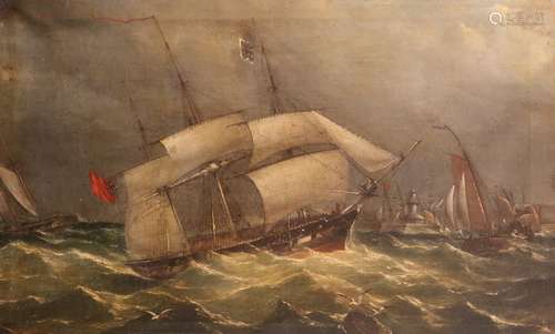 English School 19th CenturyA British Barque, a Dutch Schooner and fishing smacks off the coastOil on