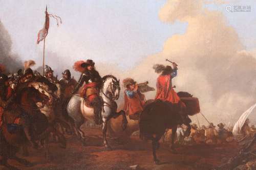 Attributed to Joseph Parrocel (French 1646-1704)Cavalry officers forming up with an action beyondOil