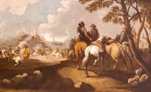 Follower of Le BourguinonA battle scene with riderless horses and a hilltop town beyondOil on