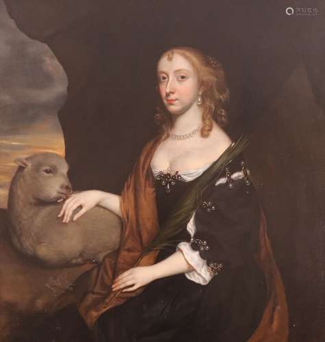 Circle of Sir Peter LelyPortrait of Elizabeth Baskerville neé Griffin, seated with a pet lamb in a