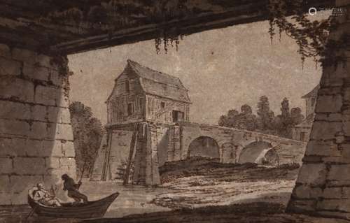 Attributed to Antoine Laurent Castellan (French 1772-1838)View of a river mill and bridgePen, ink