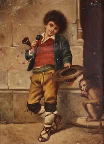 Alexander Mark Rossi (1840-1916)A young boy with pet monkeyOil on canvas20.5 x 15.5cm; 8 x 6in