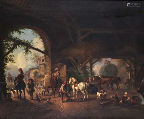 Manner of Philips WouwermanA barn interior with gentlemen preparing for a rideOil on canvas46 x