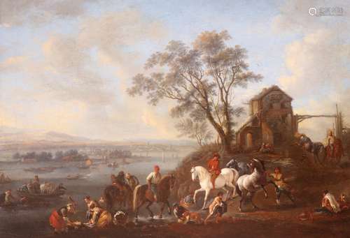 Attributed to Pieter Wouverman (Dutch 1623-1682)River scene with numerous figures and horses near