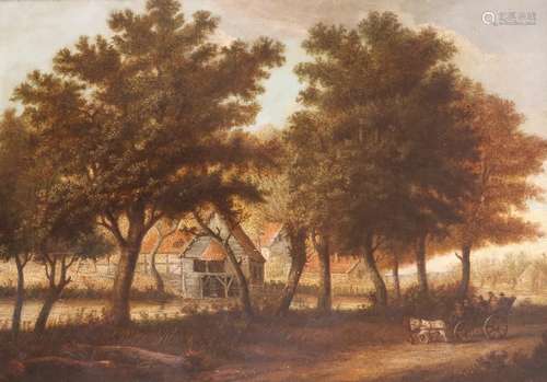 Sir George Howland Beaumont (1753-1827)Farm buildings in a wooded landscape with a horse and