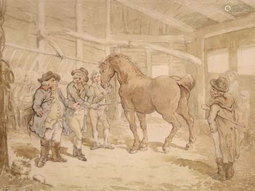 Thomas Rowlandson (1756-1827)A stable interior with gentlemen inspecting a horseSignedWatercolour