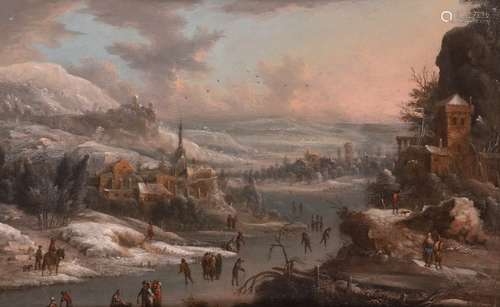 Johann Christian Vollerdt (German 1708-1769)Winter landscape with skaters on a river and a distant