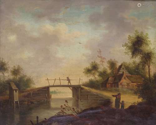 Follower of Jan Josefsz. van GoyenFigure on a bridge by a cottageOil on canvas40 x 49cm; 15¾ x 19¼