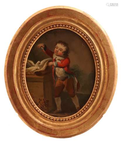 Continental School 18/19th CenturyA young boy feeding two doves from his hatOval, oil on copper143 x