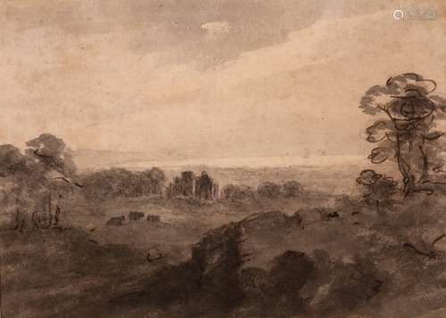 Attributed to William Gilpin (1724-1804)A coastal landscape with a castle in the middle