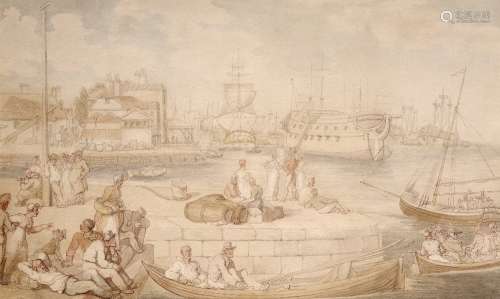 Thomas Rowlandson (1756-1827)The Quay at Blackwall Docks, LondonPen, ink and watercolour25 x 41cm;