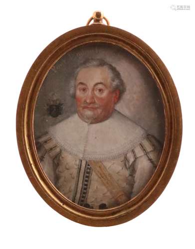 λ French School c 1634Portrait miniature of a nobleman, head and shoulders, wearing a white
