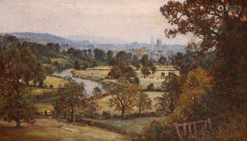 Frederick Henry Henshaw (1807-1891)A river landscape with a town beyondSigned indistinctlyOil on