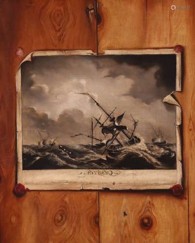 Dutch School 19th CenuryA trompe l'oeil still life of a an engraving titled The Storm on a wooden