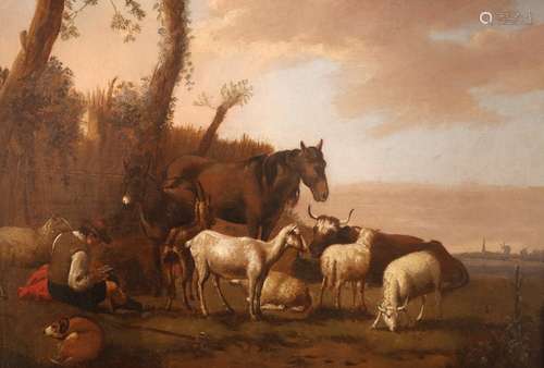 Attributed to Simon Van Der Does (Dutch c.1653-c.1718)Farm animals in a landscape with a young