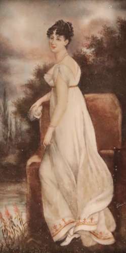 λ Continental School 19th centuryPortrait miniature of a lady, full length, standing in a landscape,