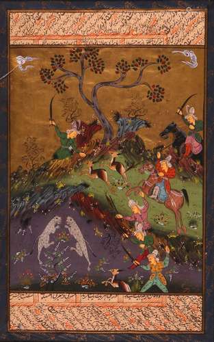 Indian School 19/20th Century Hunting scene with figures on horseback and figures with swordsGouache